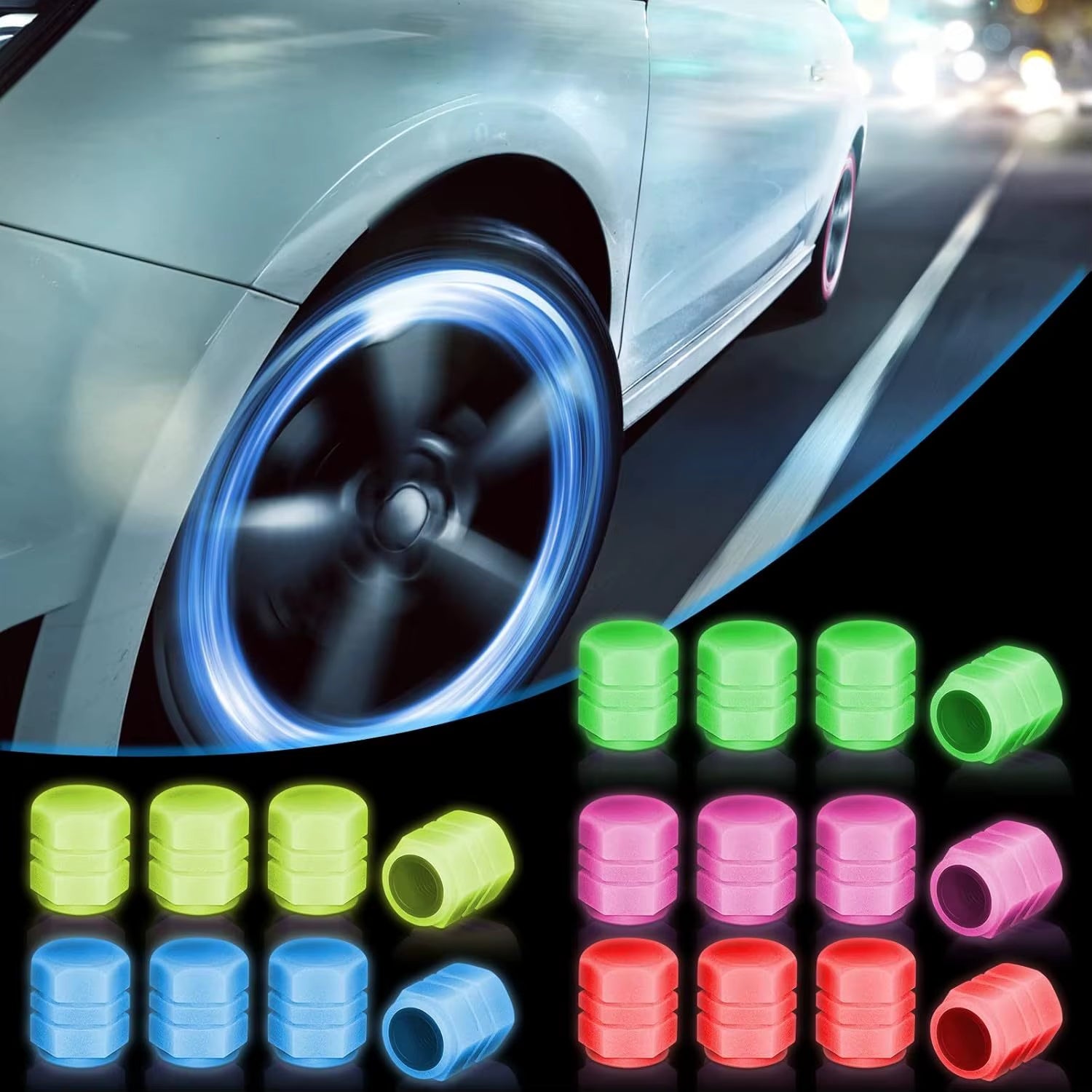 4 Luminous Tire Valve Caps, Fluorescent Valve Stem Covers, and Universal Car Tire Covers Are Suitable for Cars and Accessories